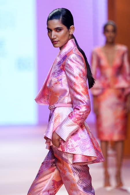 Buy_Pankaj & Nidhi_Orange Satin Twill Floral And Striped Pattern Overlap Neck Syrus Peplum Jacket_Online_at_Aza_Fashions