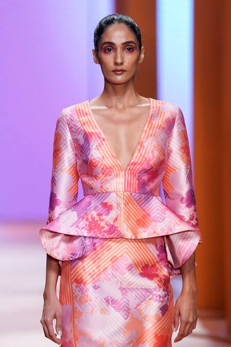 Shop_Pankaj & Nidhi_Pink Twill Lined With Floral And Syrus Peplum Top And Skirt Set_Online_at_Aza_Fashions