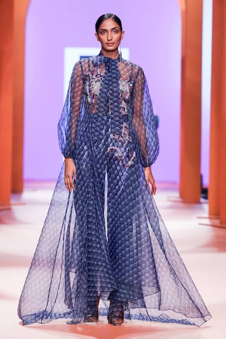 Pankaj & Nidhi_Purple Cape Organza, Inner Jersey, Pants Satin Twill Dawn Printed And Set_at_Aza_Fashions