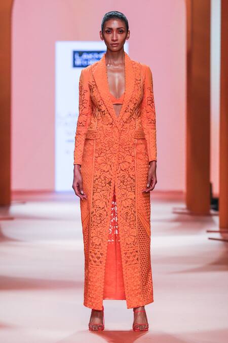 Pankaj & Nidhi_Orange Tulle, Jersey Lined With Organza Floral Appliques Solarium Blazer Dress_Online_at_Aza_Fashions