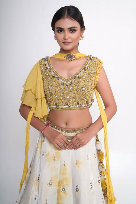 Merge Design_White Velvet, Chiffon, Crepe Pearls V-neck Lehenga Set _Online_at_Aza_Fashions