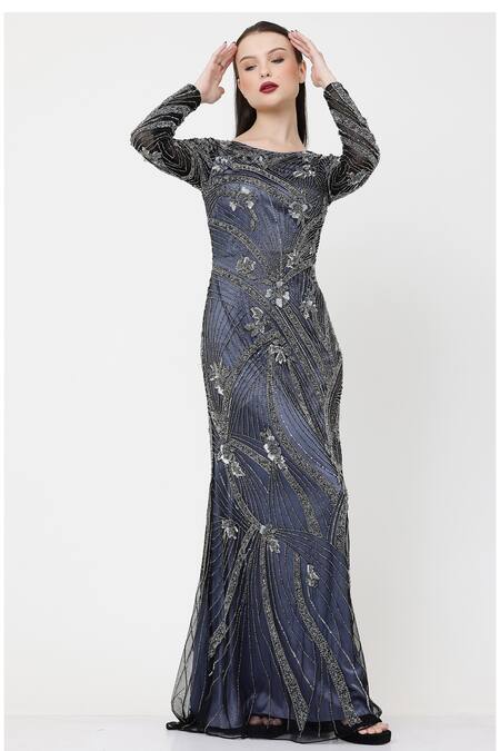 Ambrosia_Blue Nylon Sequins Round Neck Floral And Linear Pattern Work Gown _Online_at_Aza_Fashions