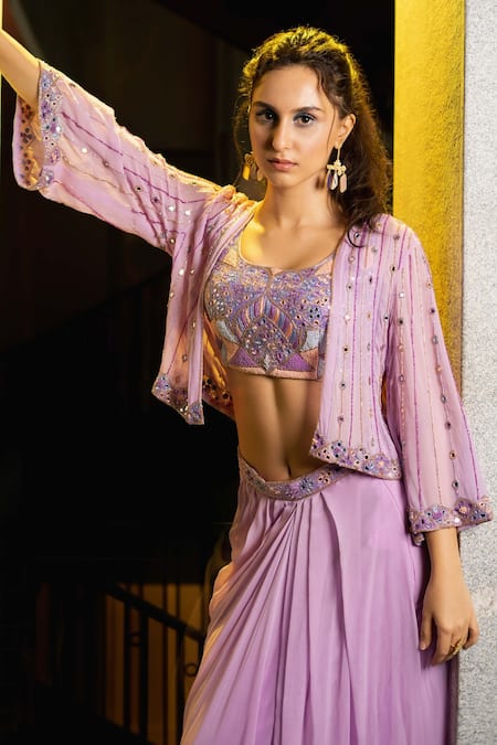 Richa Jaisinghani Label_Purple Georgette Thread And Sequin, Embroidered Short Cape & Draped Skirt Set _Online_at_Aza_Fashions