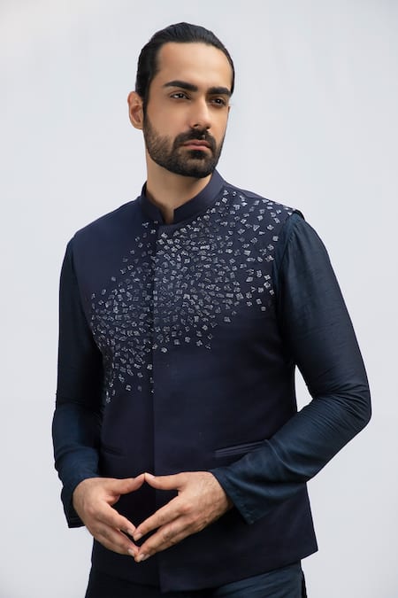 Kaka Calcutta Blue Cotton Embroidery Navy Hand Bundi Online at Aza Fashions Kaka Calcutta_Blue Cotton Embroidery Navy Hand Bundi _Online_at_Aza_Fashions