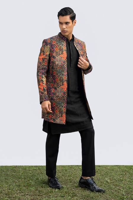 Kaka Calcutta_Black Bamboo, Cotton, Silk Embroidery Floral Print Jacket Kurta Set _Online_at_Aza_Fashions