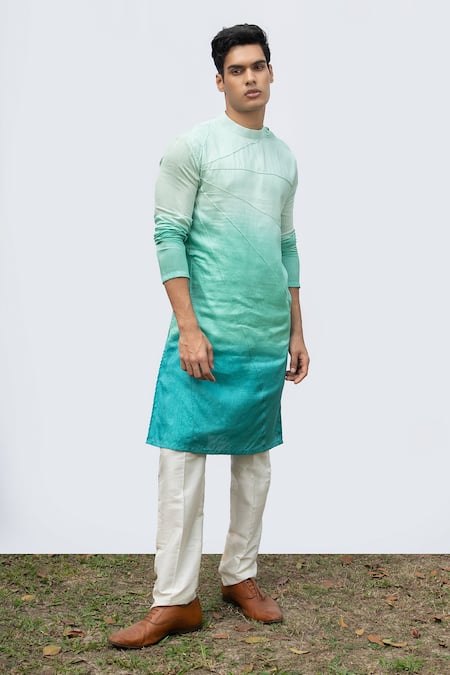 Kaka Calcutta Blue Bamboo, Cotton, Silk Embroidery Ombre Pintucks Kurta Set Online at Aza Fashions Kaka Calcutta_Blue Bamboo, Cotton, Silk Embroidery Ombre Pintucks Kurta Set _Online_at_Aza_Fashions