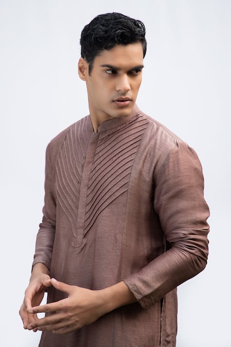 Kaka Calcutta Brown Cotton, Silk Placement Pintucks Pattern Kurta Set Online at Aza Fashions Kaka Calcutta_Brown Cotton, Silk Placement Pintucks Pattern Kurta Set _Online_at_Aza_Fashions