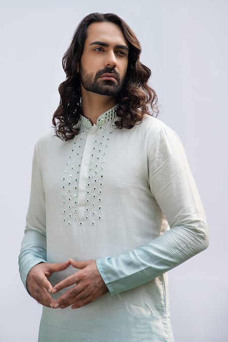 Kaka Calcutta Blue Bamboo, Cotton Mirrors Embellished Neckline Kurta Set Online at Aza Fashions Kaka Calcutta_Blue Bamboo, Cotton Mirrors Embellished Neckline Kurta Set _Online_at_Aza_Fashions