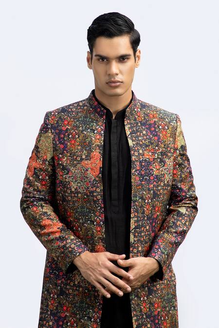 Kaka Calcutta Black Bamboo Embroidery Floral Print Front-open Jacket Online at Aza Fashions Kaka Calcutta_Black Bamboo Embroidery Floral Print Front-open Jacket _Online_at_Aza_Fashions
