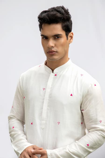 Kaka Calcutta_Ivory Bamboo, Cotton, Silk Embroidery Kurta And Pyjama Set _Online_at_Aza_Fashions