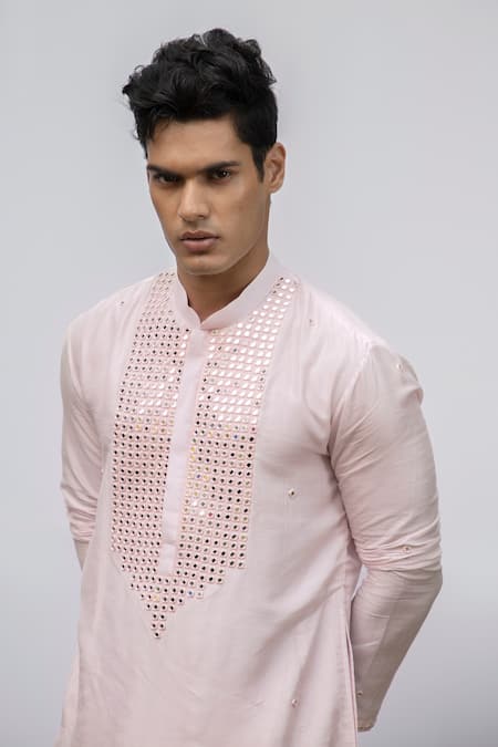 Kaka Calcutta_Ivory Cotton Embroidery Mirror Mandarin Collar Kurta Set _Online_at_Aza_Fashions