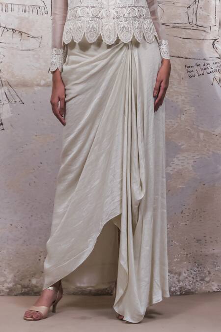 Ekru_Ivory Organza, Linen, Satin Embroidery V-neck Cheshire Jacket And Drape Skirt Set_Online_at_Aza_Fashions