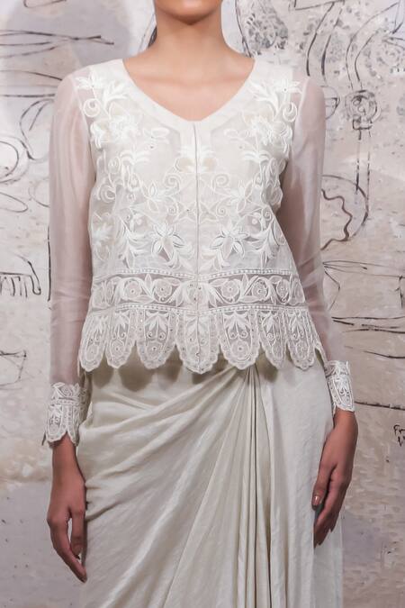 Buy_Ekru_Ivory Organza, Linen, Satin Embroidery V-neck Cheshire Jacket And Drape Skirt Set_Online_at_Aza_Fashions