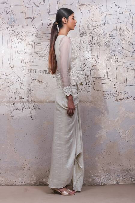 Shop_Ekru_Ivory Organza, Linen, Satin Embroidery V-neck Cheshire Jacket And Drape Skirt Set_Online_at_Aza_Fashions