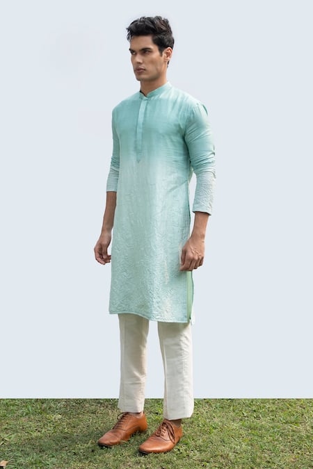 Kaka Calcutta Blue Bamboo, Cotton, Silk Embroidery Shaded Bamberg Kurta Set Online at Aza Fashions Kaka Calcutta_Blue Bamboo, Cotton, Silk Embroidery Shaded Bamberg Kurta Set _Online_at_Aza_Fashions