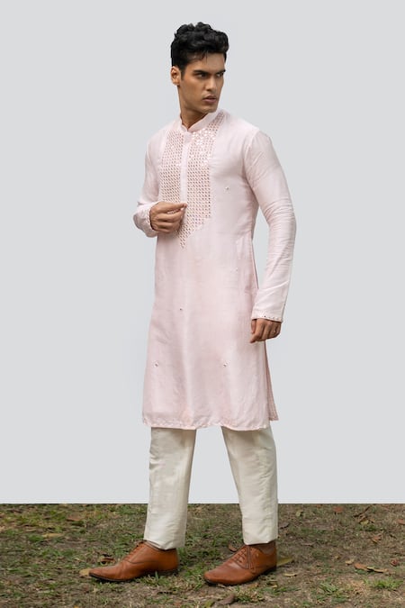 Buy_Kaka Calcutta_Ivory Cotton Embroidery Mirror Mandarin Collar Kurta Set _Online_at_Aza_Fashions