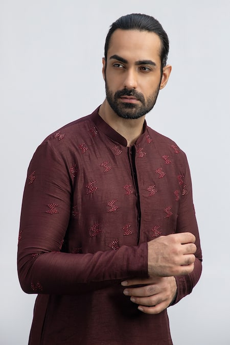 Buy Kaka Calcutta Wine Cotton, Silk Beads Placement Embroidered Kurta Set Online at Aza Fashions Buy_Kaka Calcutta_Wine Cotton, Silk Beads Placement Embroidered Kurta Set _Online_at_Aza_Fashions