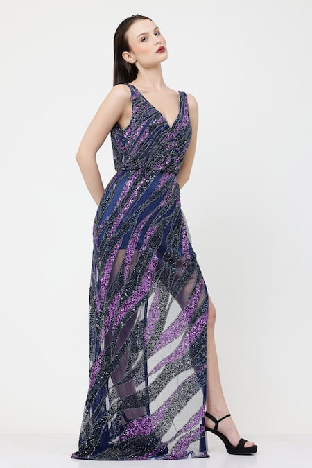 Shop_Ambrosia_Blue Nylon Sequins V-neck Hand Embroidered High Slit Gown _Online_at_Aza_Fashions