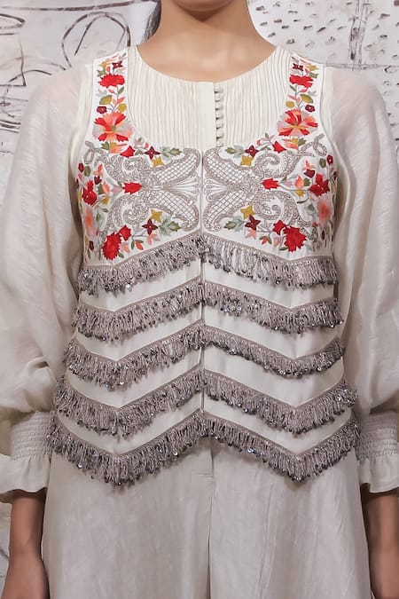 Ekru_Ivory Chanderi, Linen Sequins, Embroidery Rococo Waistcoat With Jumpsuit Set_Online_at_Aza_Fashions
