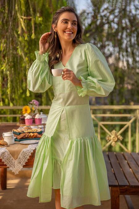 B'Infinite_Green Cotton Stripe Print Dress_at_Aza_Fashions