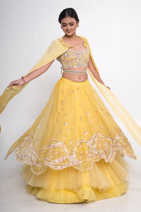 Buy_Merge Design_Yellow Organza, Net, Crepe Embroidery, Sequins Round Neck Layered Lehenga Set _Online_at_Aza_Fashions