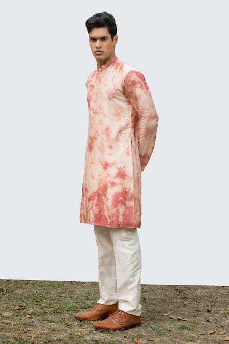 Kaka Calcutta_Pink Bamboo, Cotton, Silk Mirrors Tie Dye Work Kurta Set _Online_at_Aza_Fashions