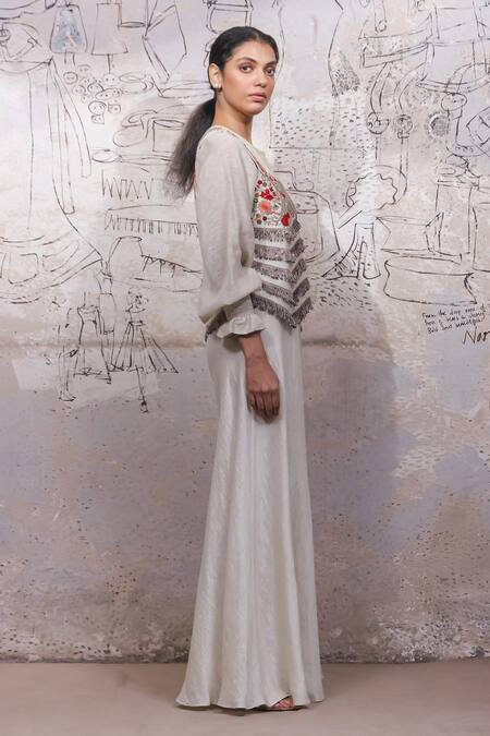 Buy_Ekru_Ivory Chanderi, Linen Sequins, Embroidery Rococo Waistcoat With Jumpsuit Set_Online_at_Aza_Fashions
