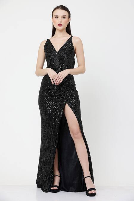 Ambrosia_Black Nylon Sequins, Cut Work V-neck High Slit Hand Embroidered Gown _Online_at_Aza_Fashions