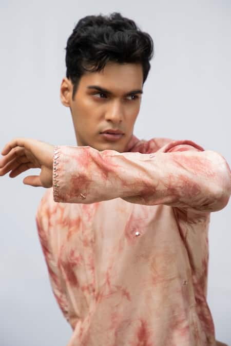 Buy_Kaka Calcutta_Pink Bamboo, Cotton, Silk Mirrors Tie Dye Work Kurta Set _Online_at_Aza_Fashions