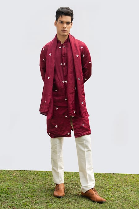 Kaka Calcutta_Maroon Bamboo, Cotton, Silk Embroidery Kurta Pyjama Pant Set _Online_at_Aza_Fashions