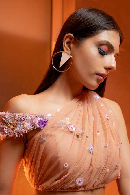 Buy_Richa Jaisinghani Label_Beige Tulle And Georgette Beads & Thread, Floral Embroidered Lehenga & Blouse Set _Online_at_Aza_Fashions