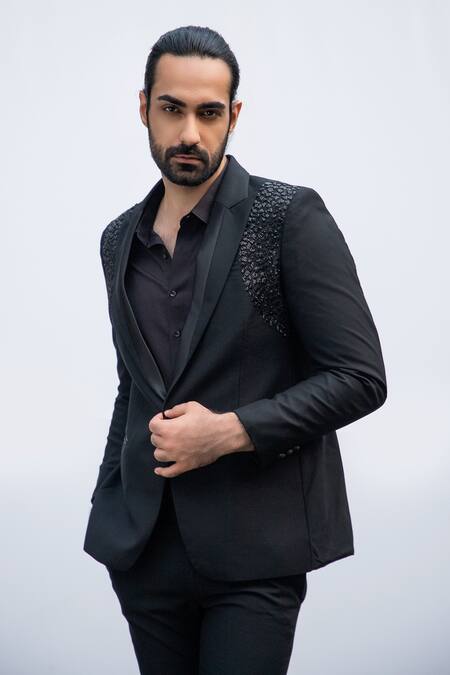Kaka Calcutta_Black Satin, Polyester Beads Embellished Blazer And Pant Set _Online_at_Aza_Fashions
