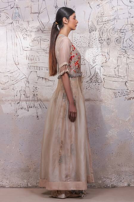 Buy_Ekru_Beige Chanderi, Organza Sequins, Rococo Jacket And Gregory Pleated Pant Set_Online_at_Aza_Fashions