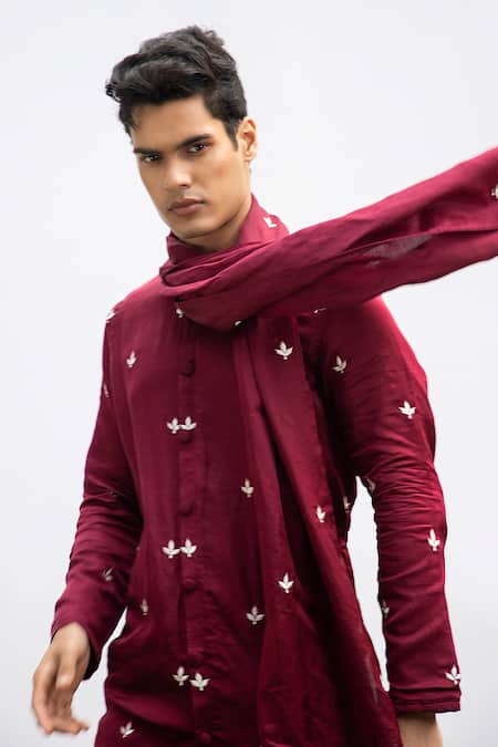 Buy_Kaka Calcutta_Maroon Bamboo, Cotton, Silk Embroidery Kurta Pyjama Pant Set _Online_at_Aza_Fashions