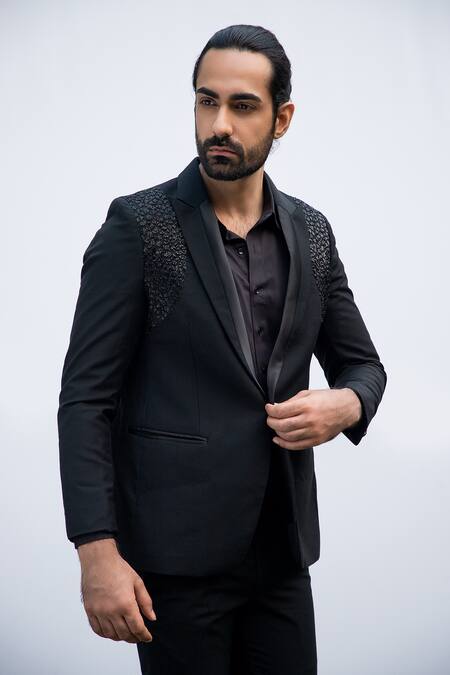 Buy_Kaka Calcutta_Black Satin, Polyester Beads Embellished Blazer And Pant Set _Online_at_Aza_Fashions