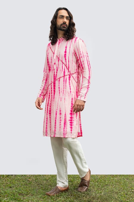 Kaka Calcutta Pink Bamboo, Cotton, Silk Mirrors Tie Dye And Work Kurta Set Online at Aza Fashions Kaka Calcutta_Pink Bamboo, Cotton, Silk Mirrors Tie Dye And Work Kurta Set _Online_at_Aza_Fashions