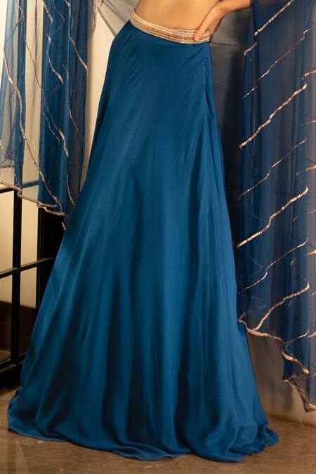 Shop Richa Jaisinghani Label Blue Georgette And Net Beads & Sequin Scoop Neck Embroidered Waistband Lehenga Set Online at Aza Fashions Shop_Richa Jaisinghani Label_Blue Georgette And Net Beads & Sequin Scoop Neck Embroidered Waistband Lehenga Set _Online_at_Aza_Fashions