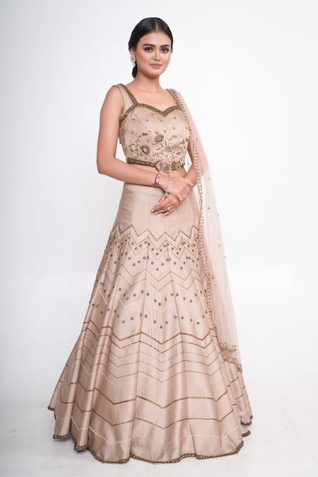 Buy_Merge Design_Gold Modal, Crepe, Satin, Net Pearls, Cut Work, Zari Embroidered Lehenga Set _Online_at_Aza_Fashions