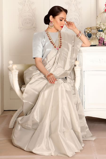 Silver Zari Border Peach Silk Saree – Charukriti