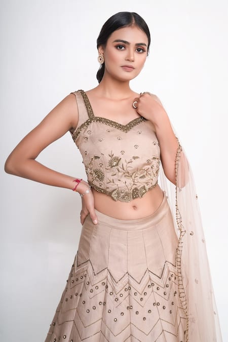 Shop_Merge Design_Gold Modal, Crepe, Satin, Net Pearls, Cut Work, Zari Embroidered Lehenga Set _Online_at_Aza_Fashions