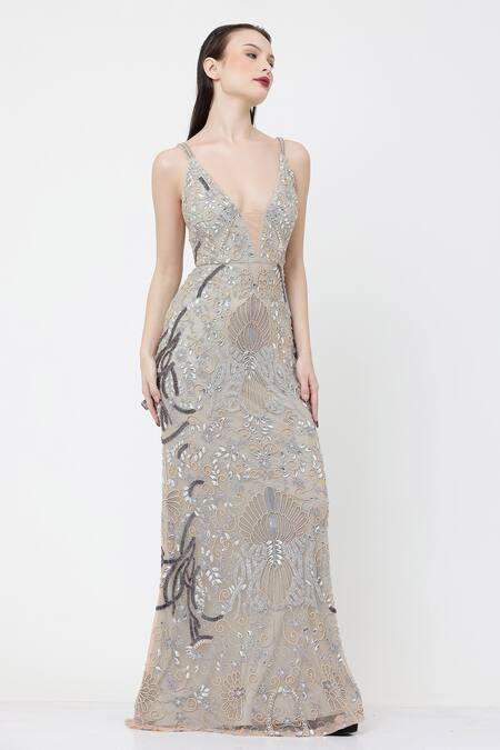Buy_Ambrosia_Beige Nylon Beads, Stones Plunge Neck Hand Embellished Gown _Online_at_Aza_Fashions