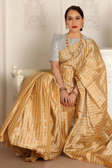 Shop_Sheela Suthar_Gold Handloom Cotton Tarini Checkered Pattern Saree With Running Blouse _Online_at_Aza_Fashions