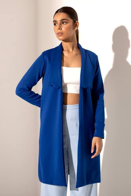 Buy_Kritika Madan Label_Blue Banana Crepe And Scuba Plain Jacket Shawl Collar Long Coat And Mesh Pant Set_Online_at_Aza_Fashions