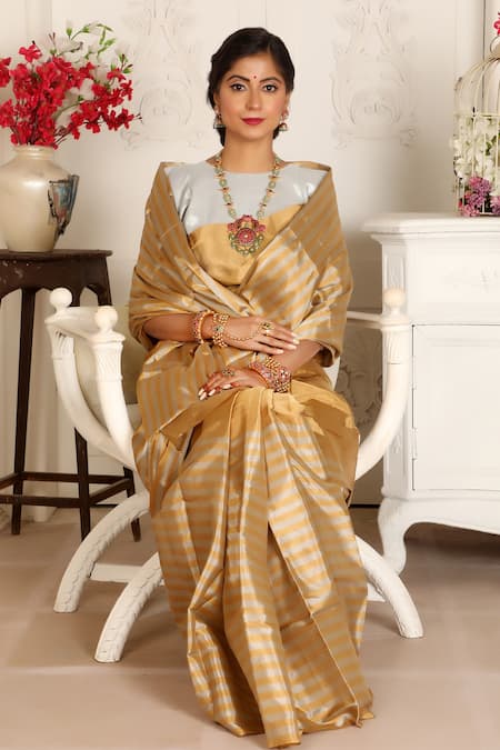 Buy_Sheela Suthar_Gold Handloom Cotton Swara Stripe Pattern Saree With Running Blouse _Online_at_Aza_Fashions
