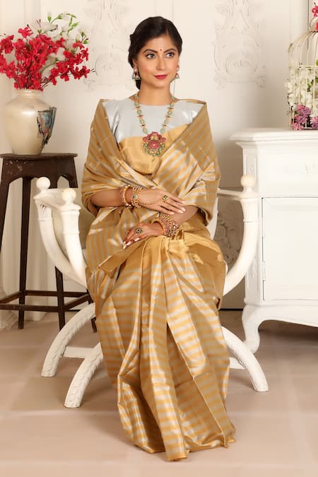 Shop_Sheela Suthar_Gold Handloom Cotton Swara Stripe Pattern Saree With Running Blouse _Online_at_Aza_Fashions
