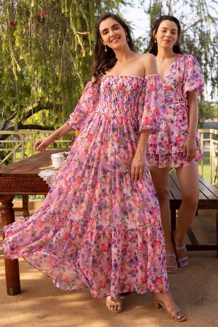 B'Infinite_Purple Chiffon Off-shoulder Floral Pattern Off Dress_Online_at_Aza_Fashions