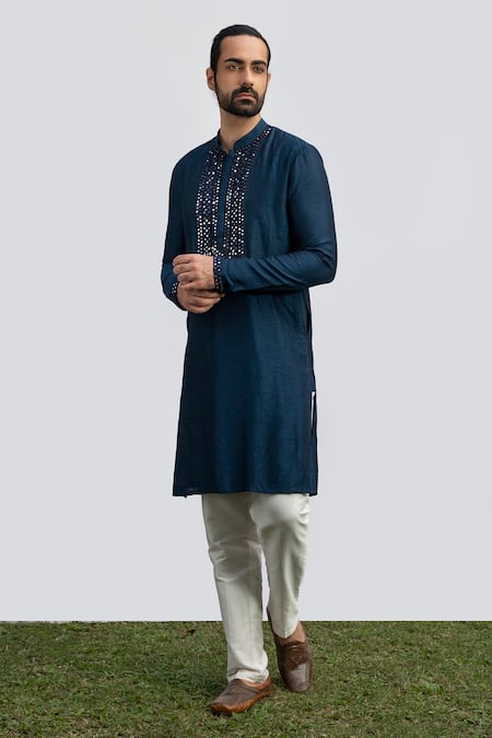Kaka Calcutta Blue Bamboo, Cotton, Silk Embroidery Neckline Kurta Set Online at Aza Fashions Kaka Calcutta_Blue Bamboo, Cotton, Silk Embroidery Neckline Kurta Set _Online_at_Aza_Fashions