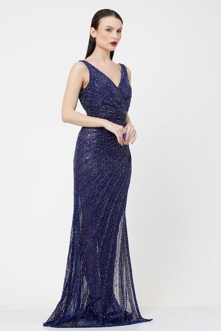 Buy_Ambrosia_Blue Nylon Sequins, Cut Work V-neck Side Slit Hand Embellished Gown _Online_at_Aza_Fashions