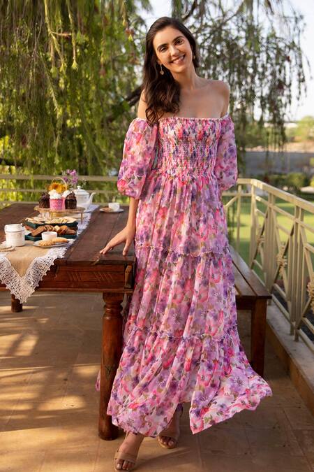 Buy_B'Infinite_Purple Chiffon Off-shoulder Floral Pattern Off Dress_Online_at_Aza_Fashions