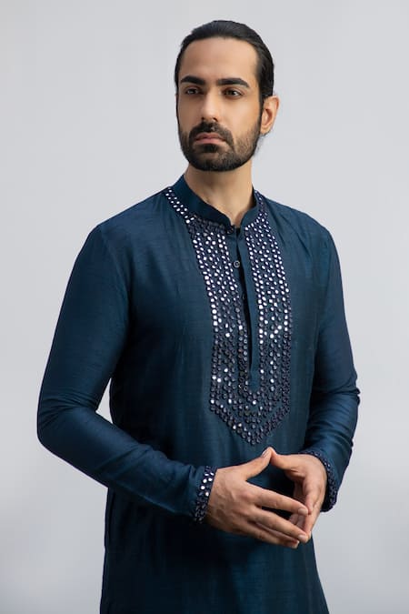 Buy Kaka Calcutta Blue Bamboo, Cotton, Silk Embroidery Neckline Kurta Set Online at Aza Fashions Buy_Kaka Calcutta_Blue Bamboo, Cotton, Silk Embroidery Neckline Kurta Set _Online_at_Aza_Fashions